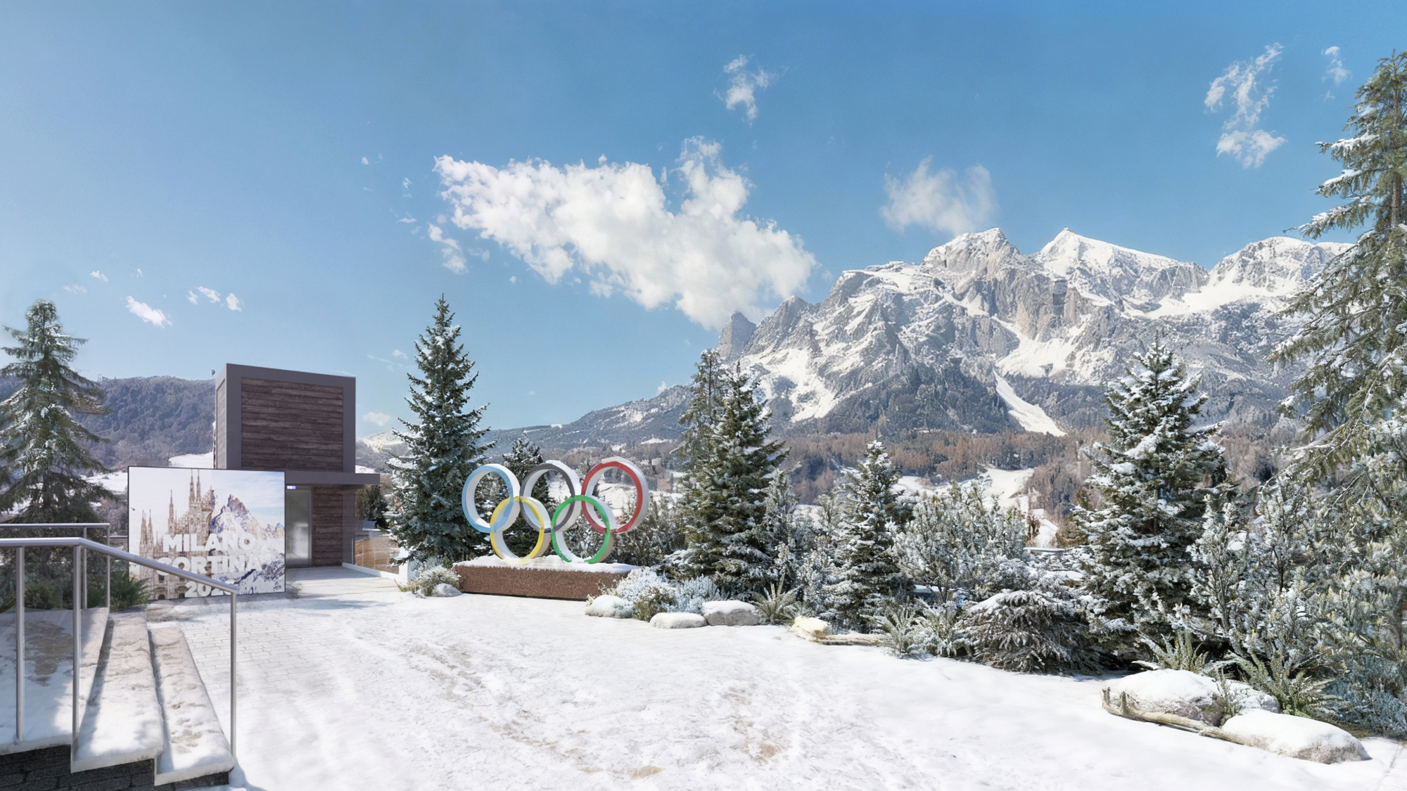 Rendering Milano Cortina exterior landscape olimpiadi invernali